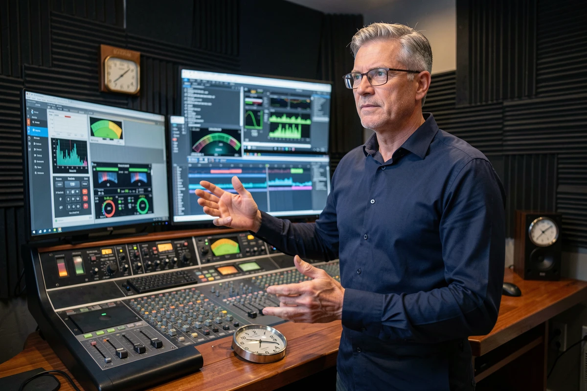 Ingénieur mastering professionnel devant une station de travail affichant une calculatrice de décibels et des niveaux sonores