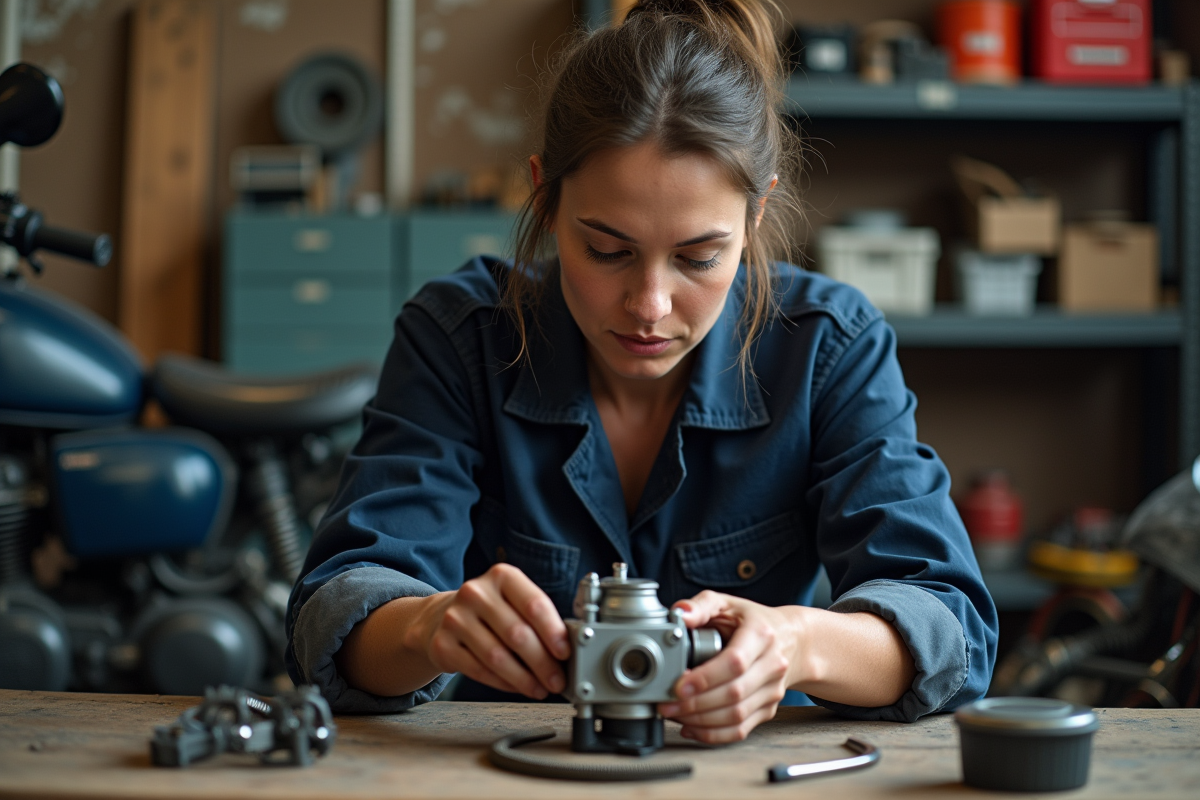 Mécanicienne inspectant un carburateur de moto dans un garage