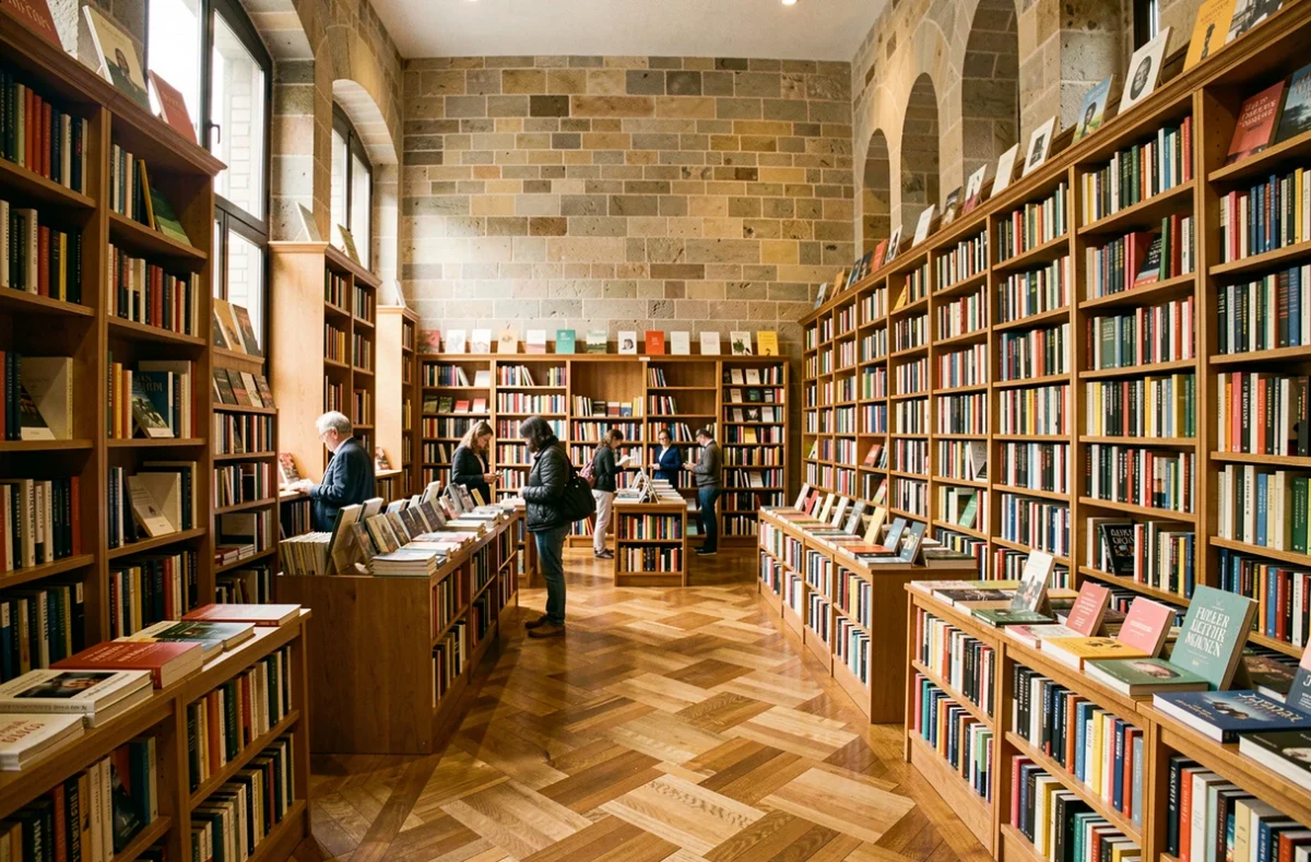 Vue grand angle d'une librairie indépendante lyonnaise avec des étagères en bois remplies de livres colorés et des clients qui parcourent les rayons