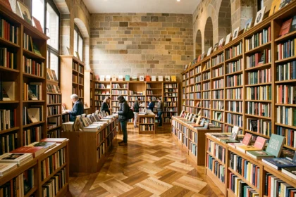 Vue grand angle d'une librairie indépendante lyonnaise avec des étagères en bois remplies de livres colorés et des clients qui parcourent les rayons