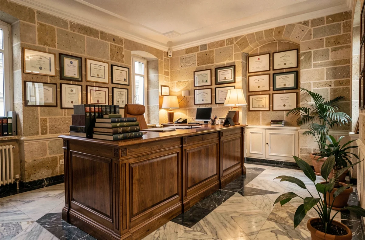 Vue panoramique d'un cabinet d'avocats professionnel à Poitiers avec bureau en bois, livres juridiques et architecture française classique
