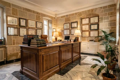 Vue panoramique d'un cabinet d'avocats professionnel à Poitiers avec bureau en bois, livres juridiques et architecture française classique