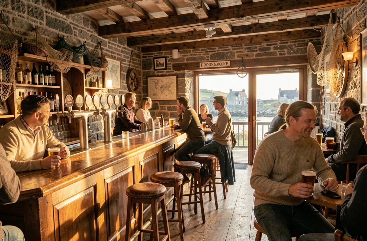 Intérieur animé d'un bar breton traditionnel avec murs en granit, comptoir en bois et décoration nautique, symbolisant l'ambiance des meilleurs bars de Bretagne