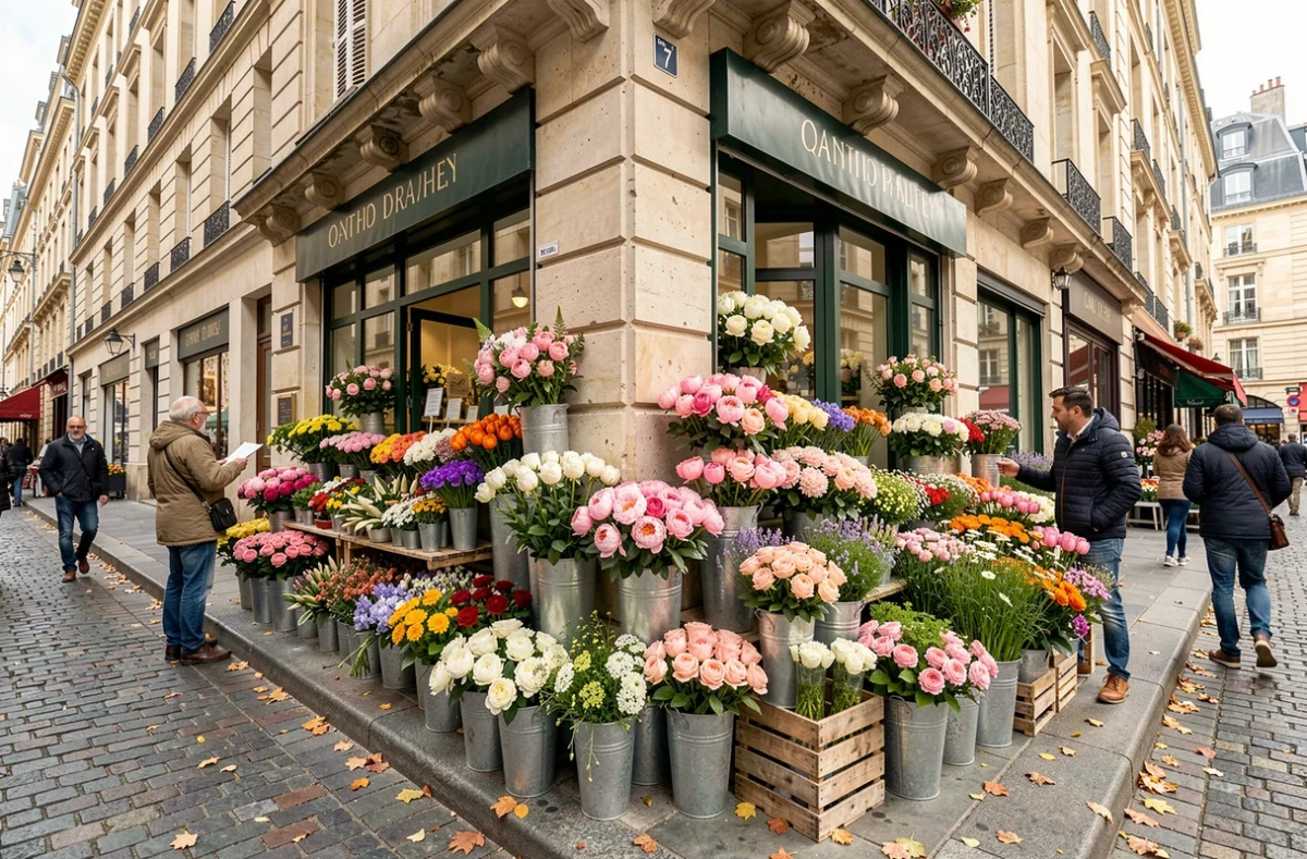 Vue d'ensemble d'une rue fleurie avec des boutiques de fleuristes dans les Yvelines
