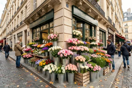 Vue d'ensemble d'une rue fleurie avec des boutiques de fleuristes dans les Yvelines