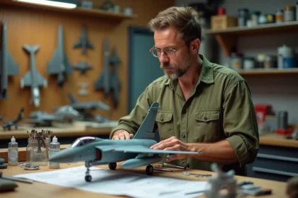 Passionné de modélisme assemblant une maquette de Mirage à l'échelle 1/72 dans un atelier de modélisme bien équipé