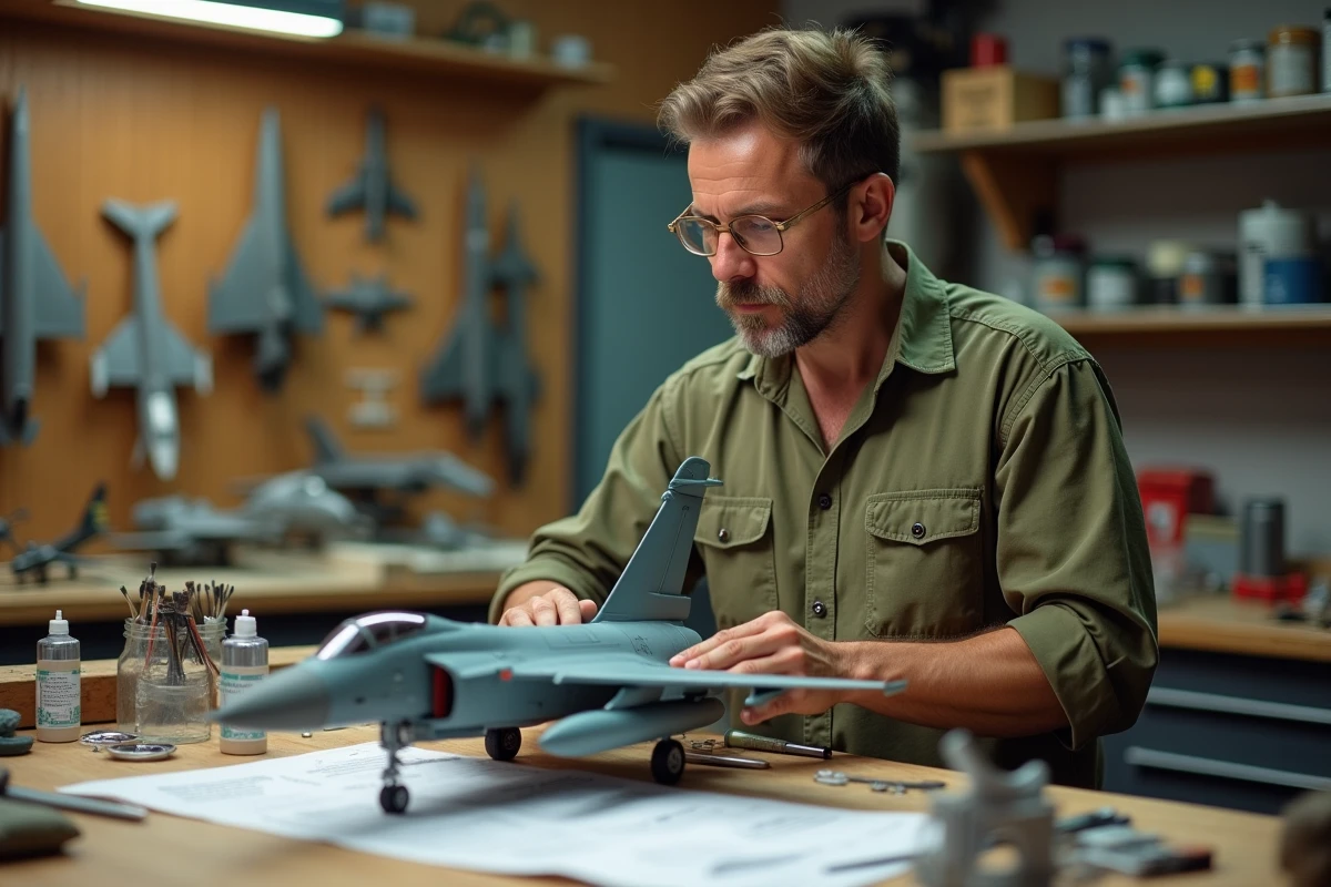 Passionné de modélisme assemblant une maquette de Mirage à l'échelle 1/72 dans un atelier de modélisme bien équipé