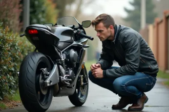 Jeune motard regardant son moteur dans une ambiance urbaine