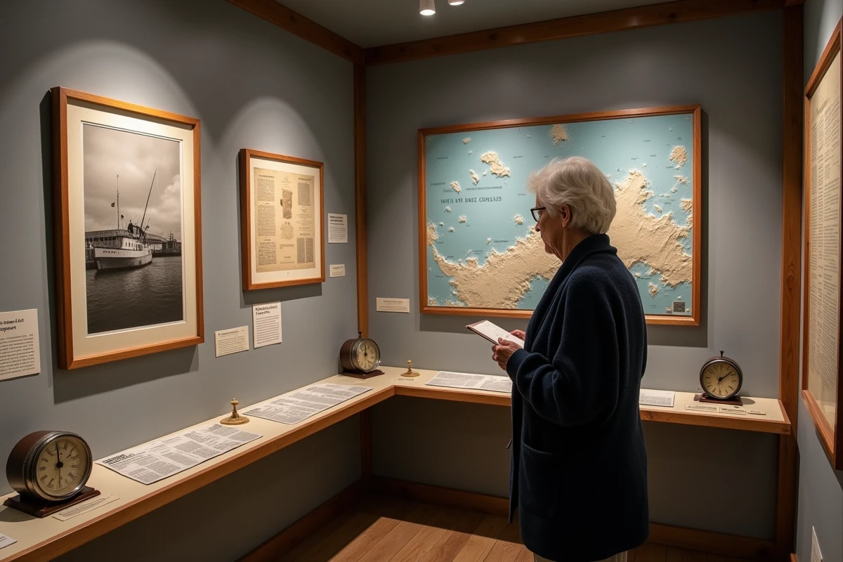 Exposition muséale sur le mégatsuami de Lituya Bay de 1958 avec photographies d'archives et carte topographique du fjord alaskien
