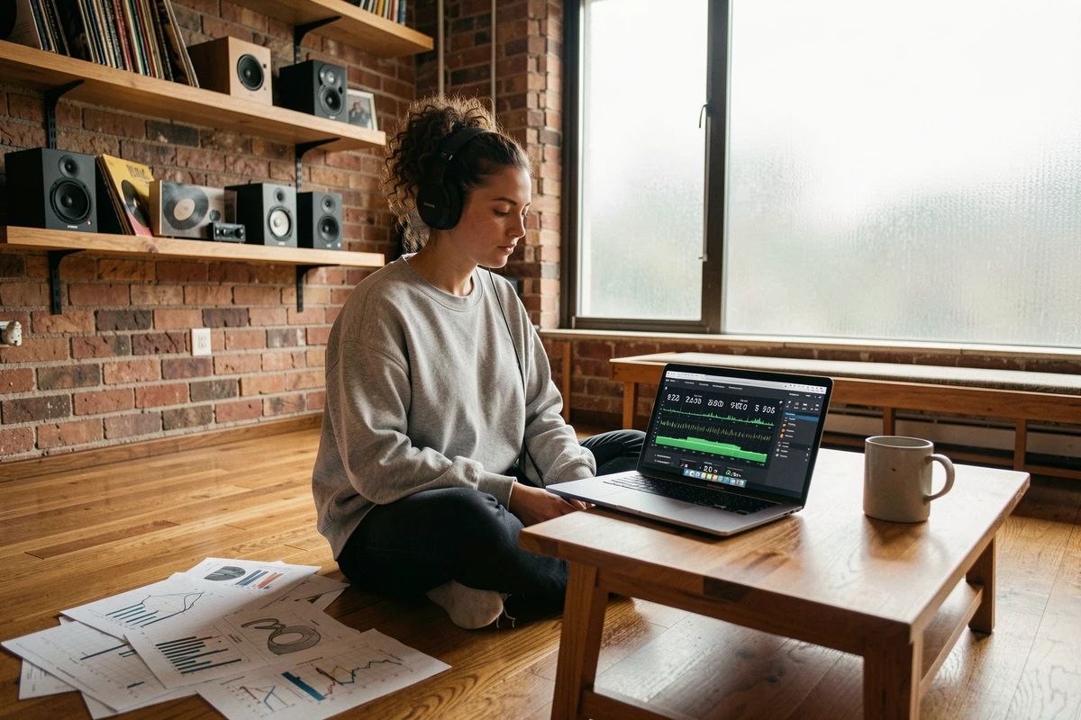 Musicienne utilisant un outil de calcul de décibels sur ordinateur portable dans un home studio chaleureux