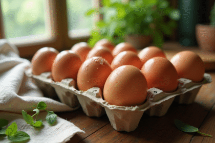 Oeufs frais dans un carton en carton recyclé sur une table en bois