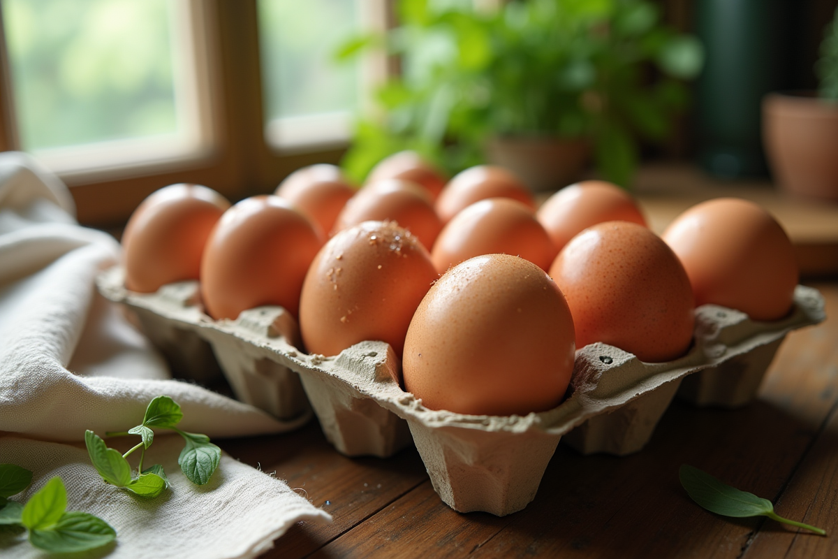 Oeufs frais dans un carton en carton recyclé sur une table en bois