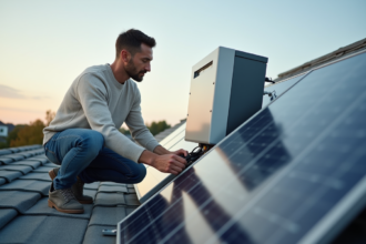 Homme connectant des panneaux solaires sur un toit résidentiel