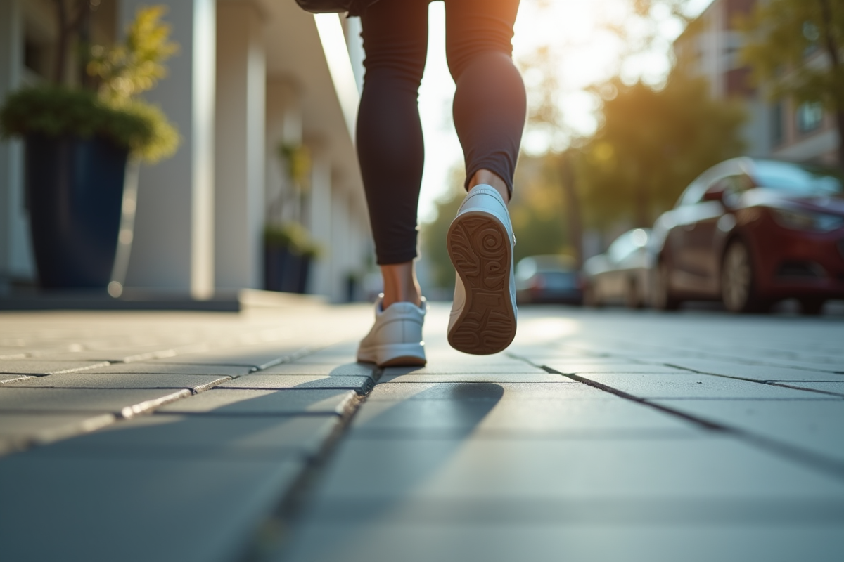 Pieds marchant sur le trottoir urbain en plein jour