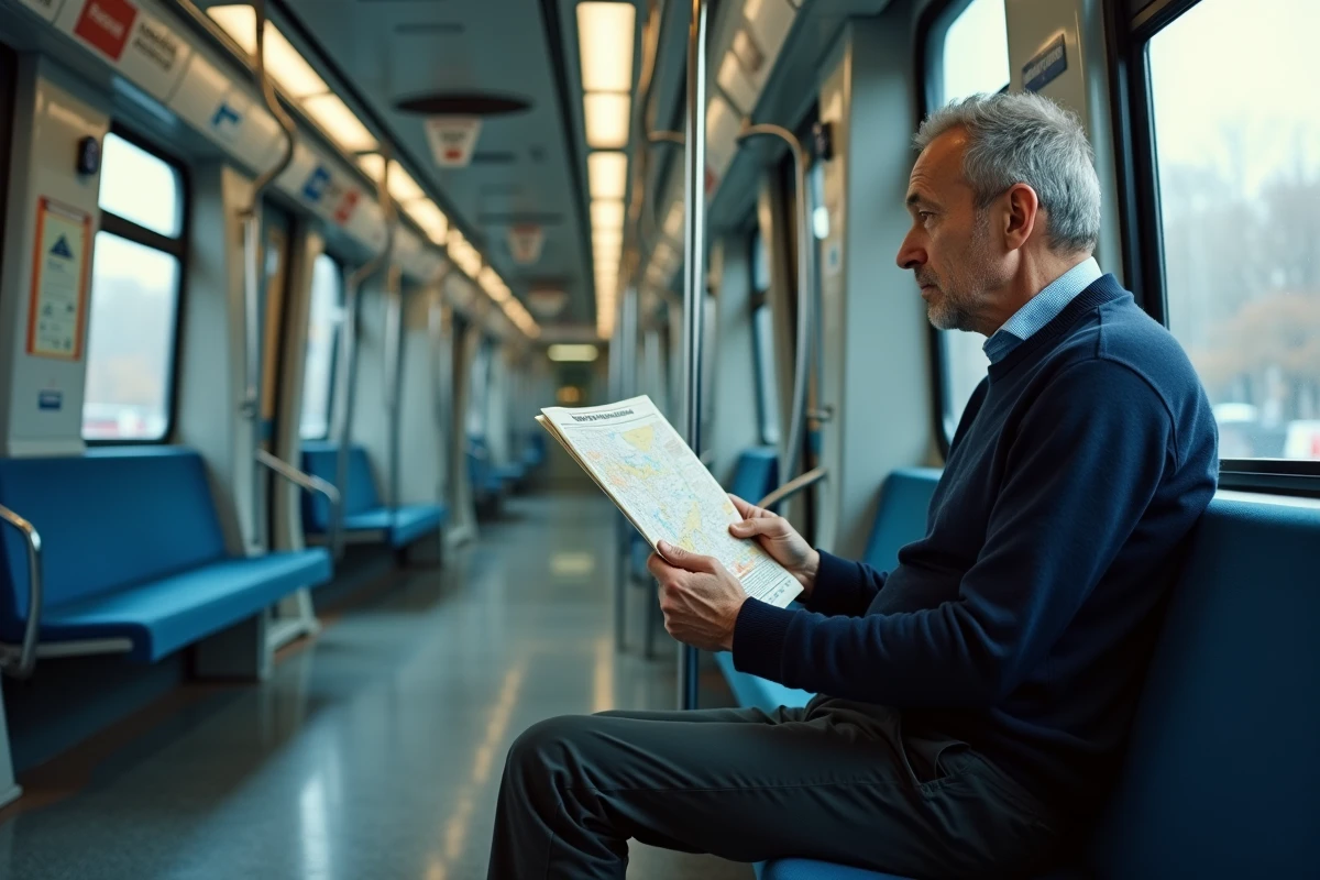 Passager lisant une carte du métro parisien dans une rame en mouvement