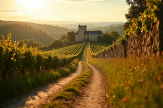 Paysage viticole de l'Armagnac avec village gascon en arrière-plan et rangées de vignes en automne