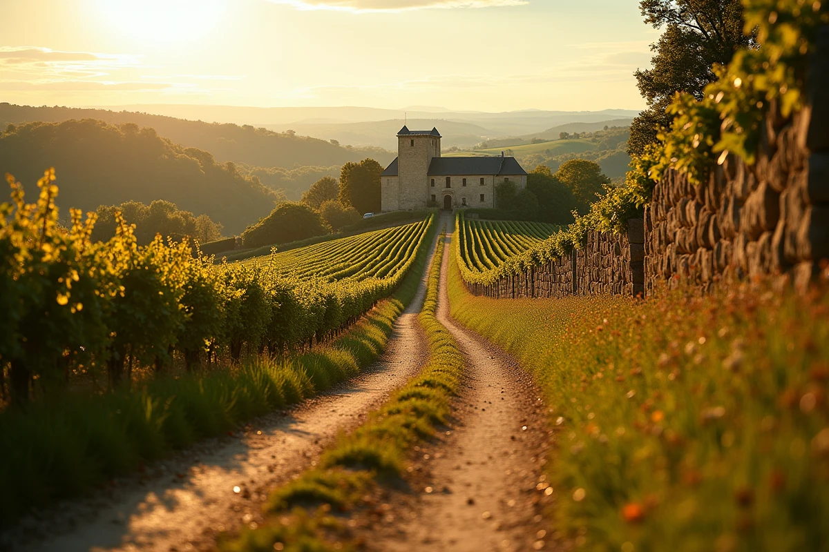 Paysage viticole de l'Armagnac avec village gascon en arrière-plan et rangées de vignes en automne