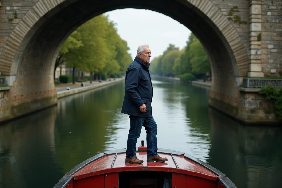 Homme sur une péniche naviguant sous un pont historique du Canal du Midi à Toulouse