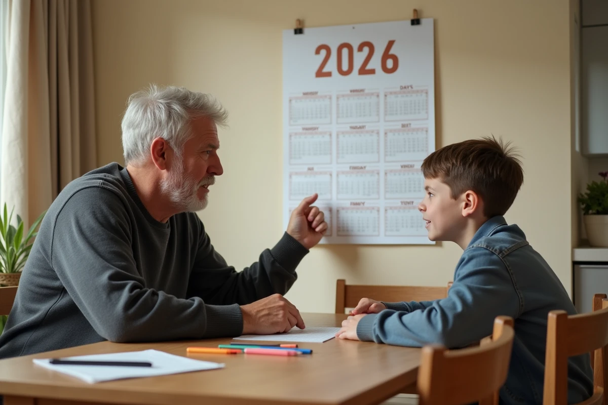 Père et enfant consultant ensemble un calendrier 2026 garde alternée semaines paires impaires affiché au mur