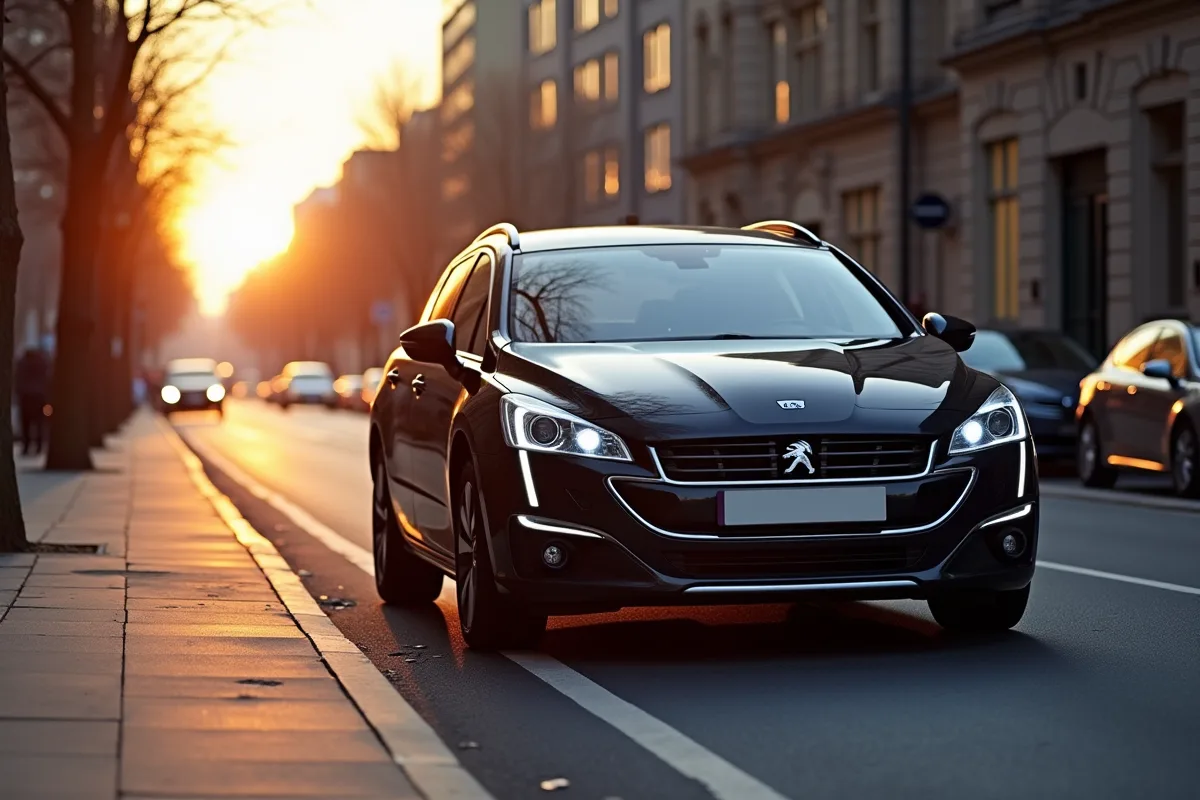 Peugeot 508 SW stationnée en ville au lever du soleil