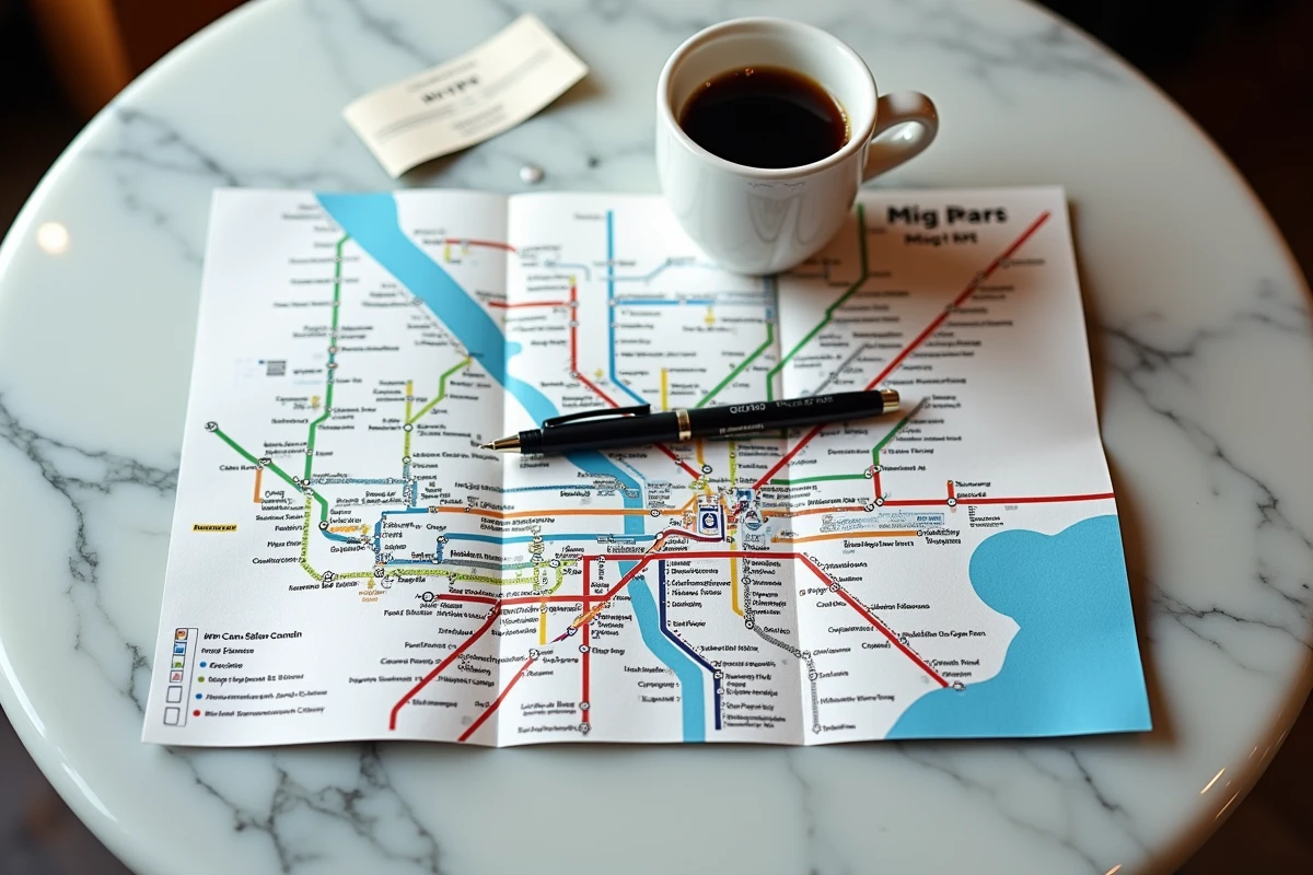 Plan officiel du métro de Paris déplié sur une table de café avec tickets et stylo