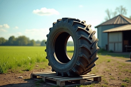 Pneu de tracteur usé en extérieur dans une ferme ensoleillée