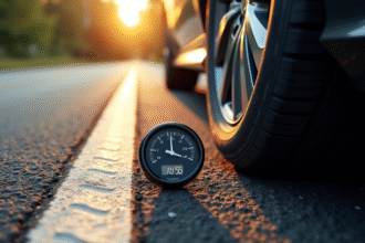 Pneu de voiture sur route ensoleillee avec gauge pression
