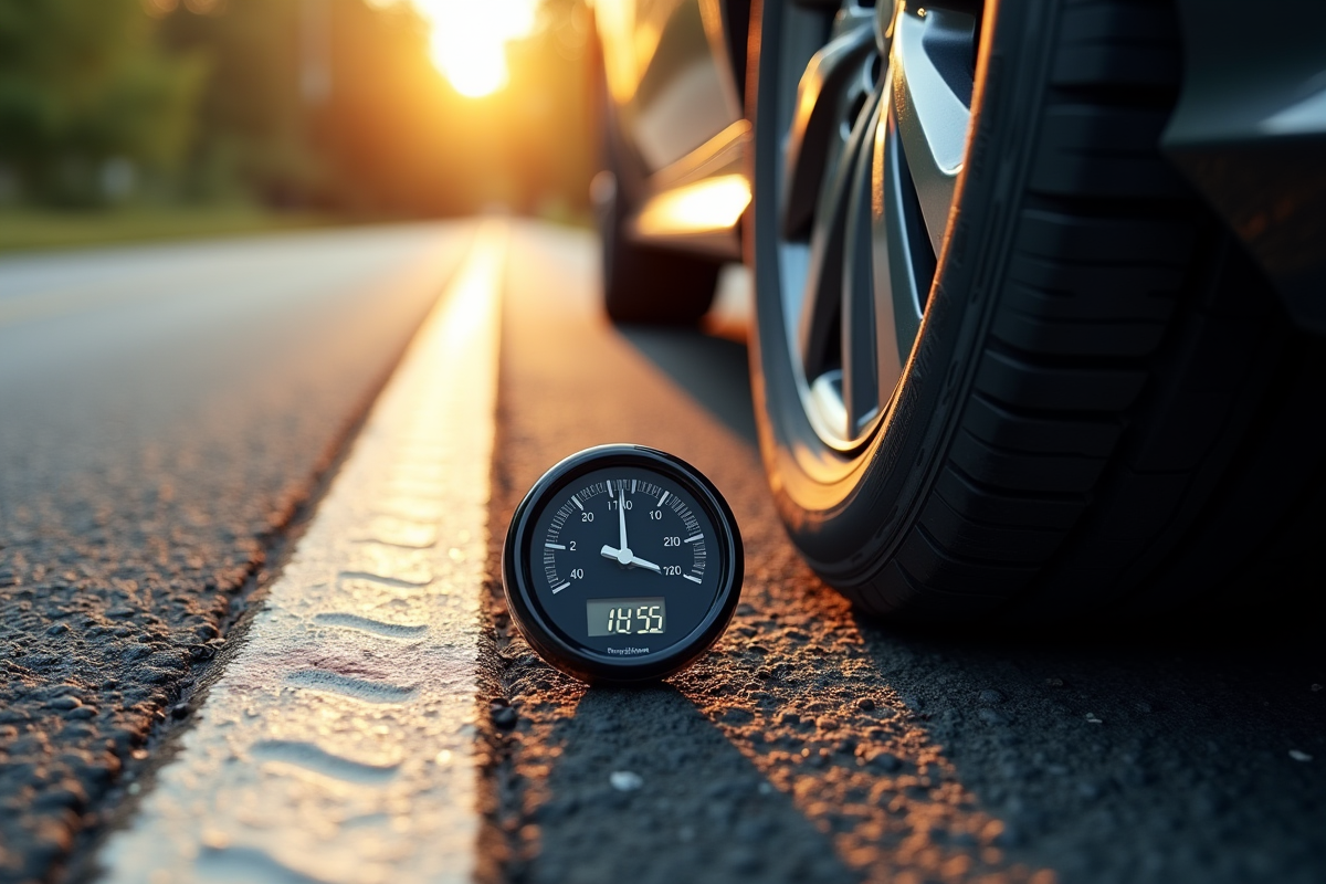 Pneu de voiture sur route ensoleillee avec gauge pression