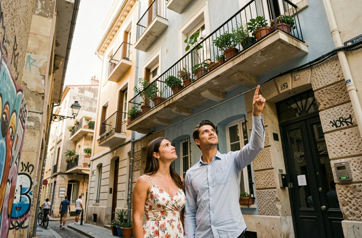 Jeune couple regardant un immeuble rénové du quartier Cours Julien à Marseille, symbole de la transformation immobilière urbaine