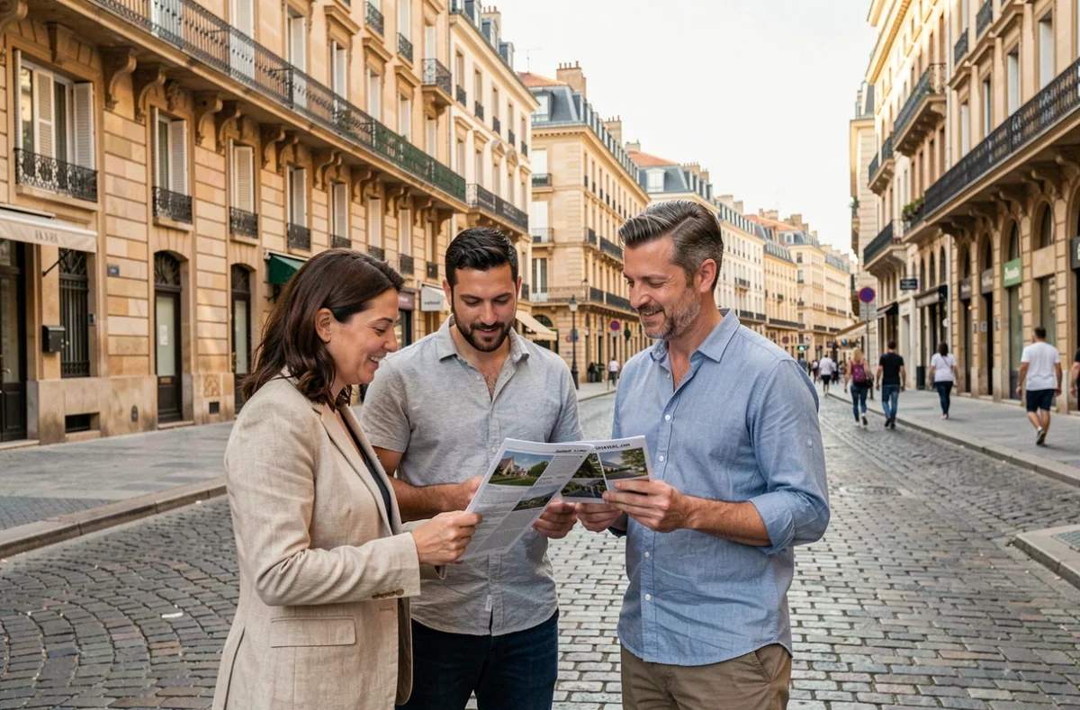 Groupe de personnes consultant des annonces immobilières dans une rue de Marseille avec des immeubles haussmanniens en arrière-plan