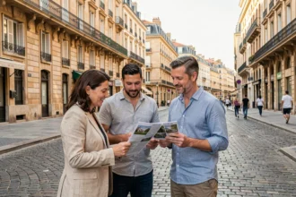 Groupe de personnes consultant des annonces immobilières dans une rue de Marseille avec des immeubles haussmanniens en arrière-plan