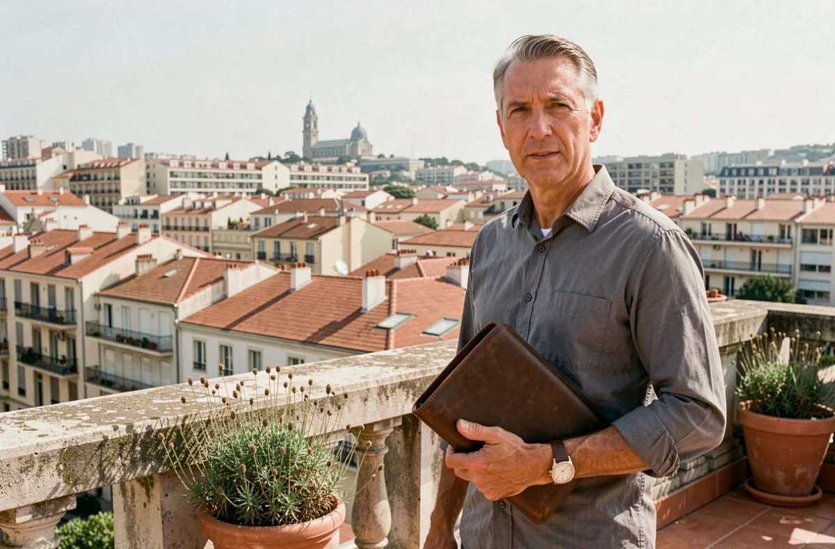 Agent immobilier sur une terrasse marseillaise avec vue panoramique sur les toits et la Bonne Mère en arrière-plan