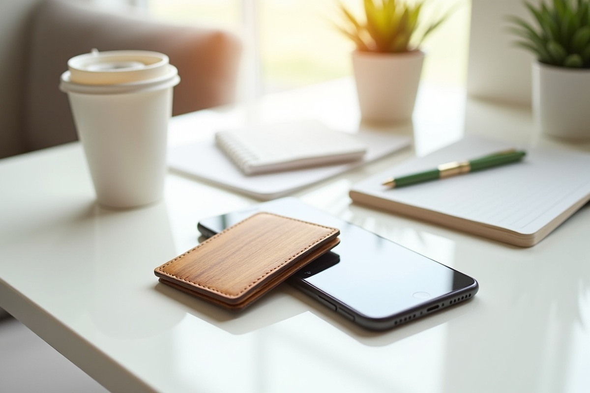 Portefeuille en bois et smartphone avec application de budget