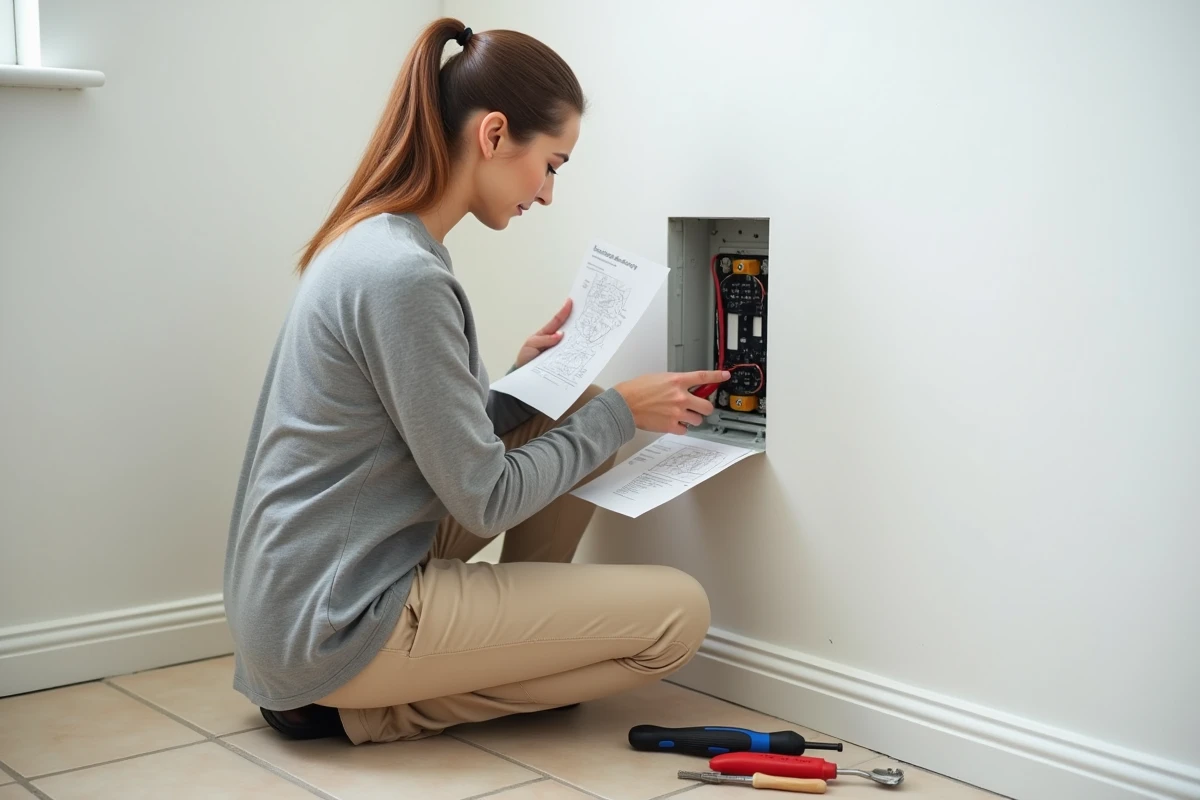 Femme électricienne consultant un schéma de câblage tout en connectant des fils dans une boîte de dérivation encastrée dans un mur blanc