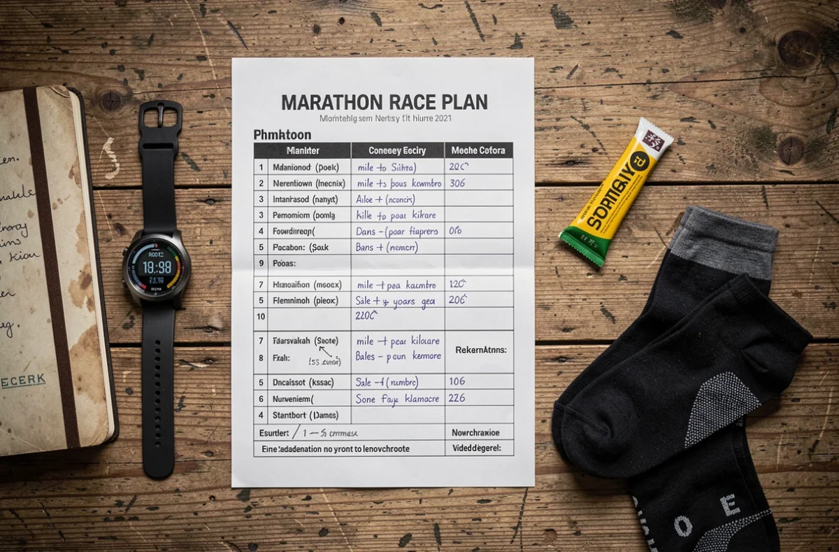 Flat lay de préparation marathon avec tableau de conversion miles en kilomètres et montre de course