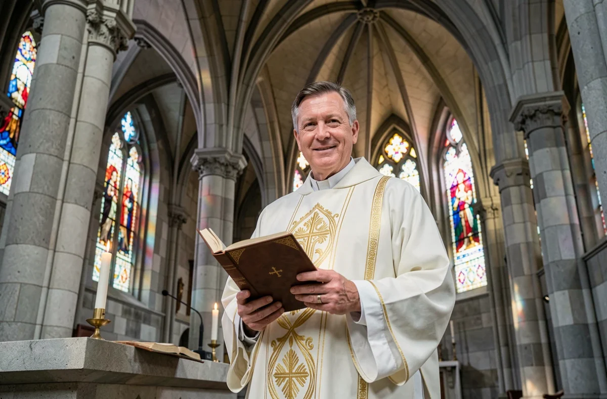 Prêtre catholique en chasuble blanche et or tenant un missel dans une cathédrale gothique aux vitraux colorés