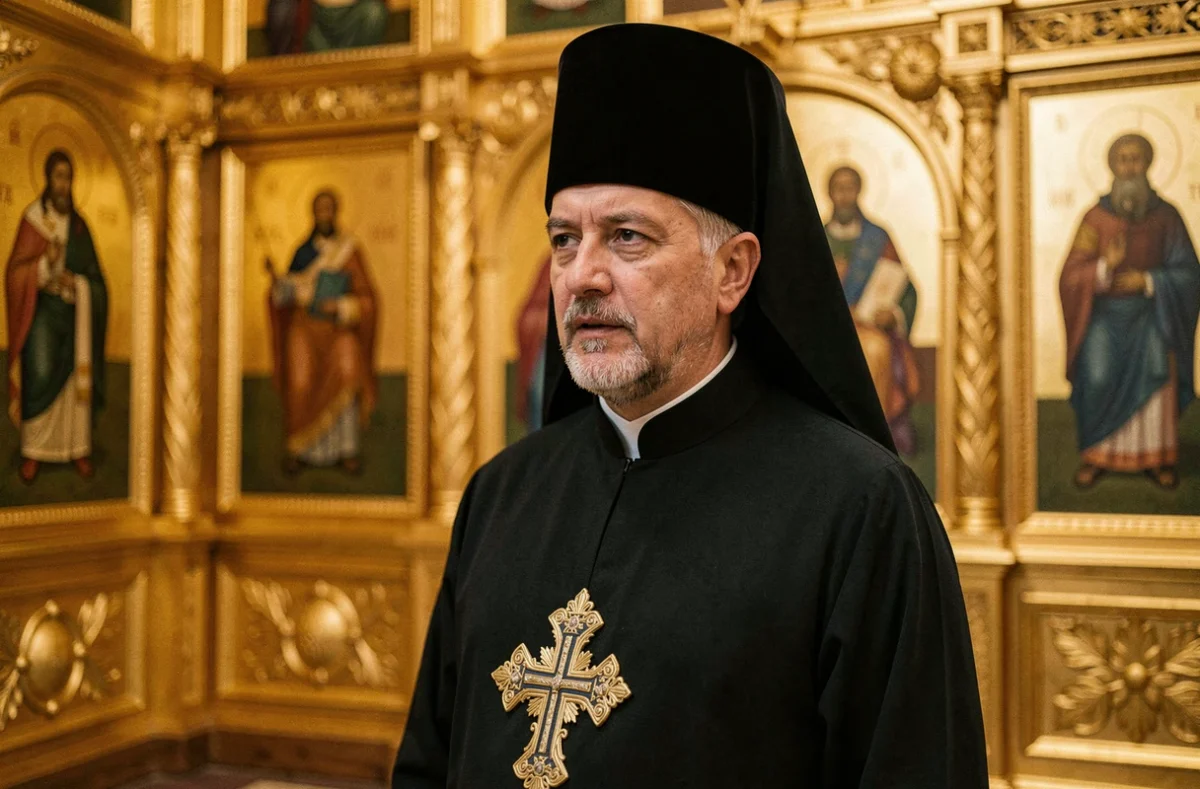 Prêtre orthodoxe en vêtements liturgiques noirs devant un iconostase doré dans une église orthodoxe orientale