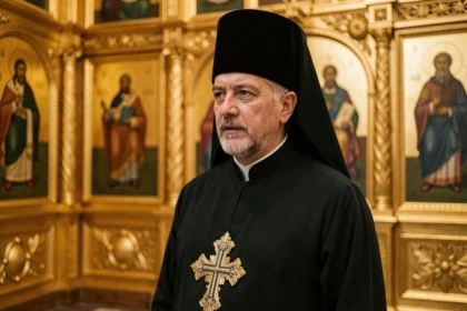 Prêtre orthodoxe en vêtements liturgiques noirs devant un iconostase doré dans une église orthodoxe orientale