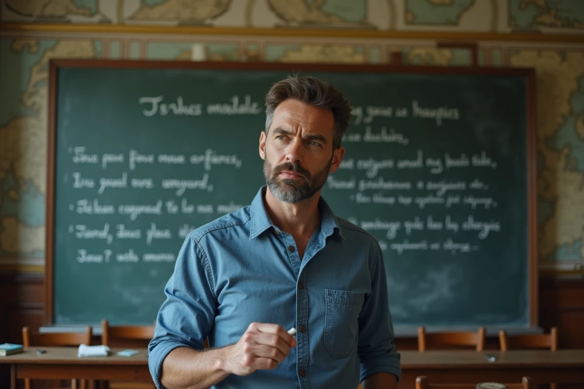 Professeur expliquant une didascalie au tableau dans une salle de classe traditionnelle