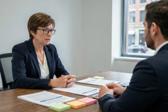 Deux professionnels analysant des documents administratifs liés au MDAN autour d'une table de réunion en bois dans un bureau moderne