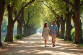 Couple se promenant sur les berges du Canal du Midi à Toulouse sous les platanes centenaires un weekend matin