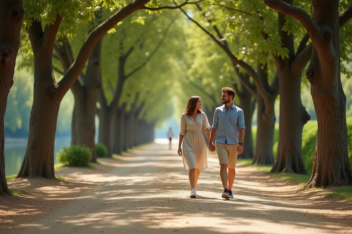 Couple se promenant sur les berges du Canal du Midi à Toulouse sous les platanes centenaires un weekend matin