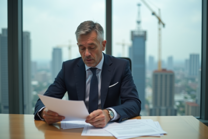 Promoteur immobilier en costume dans un bureau moderne