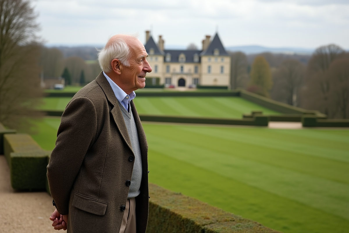 Propriétaire âgé regardant son domaine avec château en arrière-plan