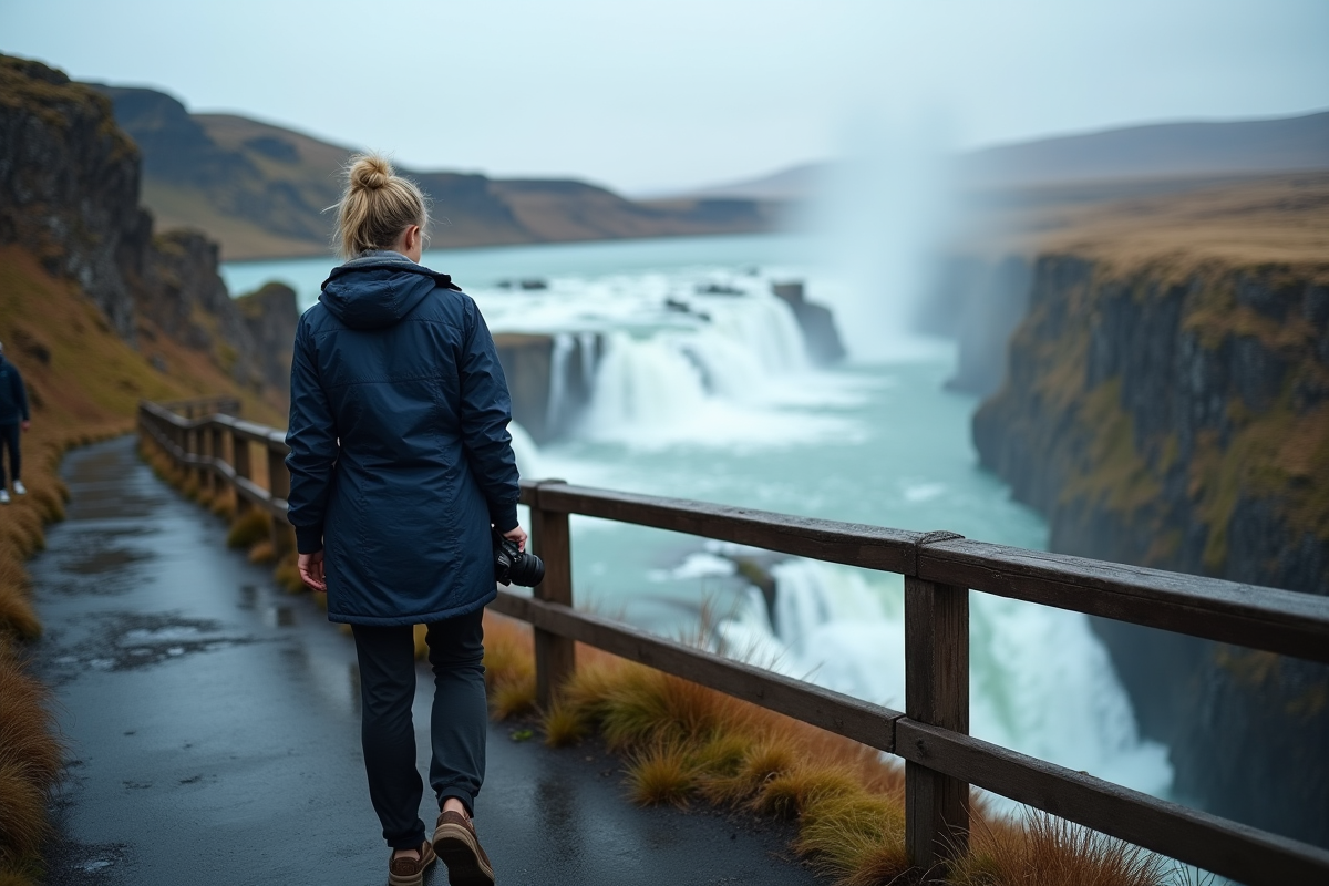 Femme en randonnée avec appareil photo devant Gullfoss