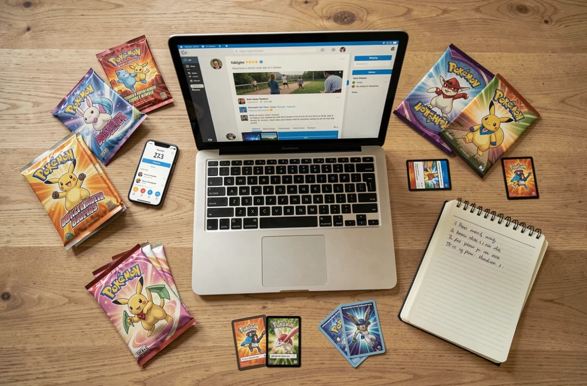 Vue de dessus d'un bureau avec booster Pokémon, cartes, ordinateur affichant un forum d'avis et notes manuscrites sur un site e-commerce
