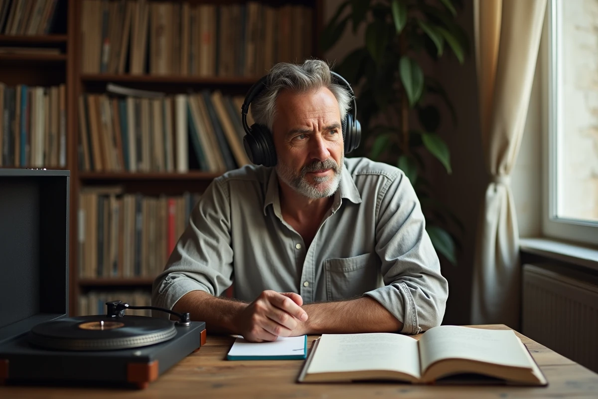 Homme réécoutant des chansons de grands interprètes français des années 60 avec un tourne-disque vintage chez lui