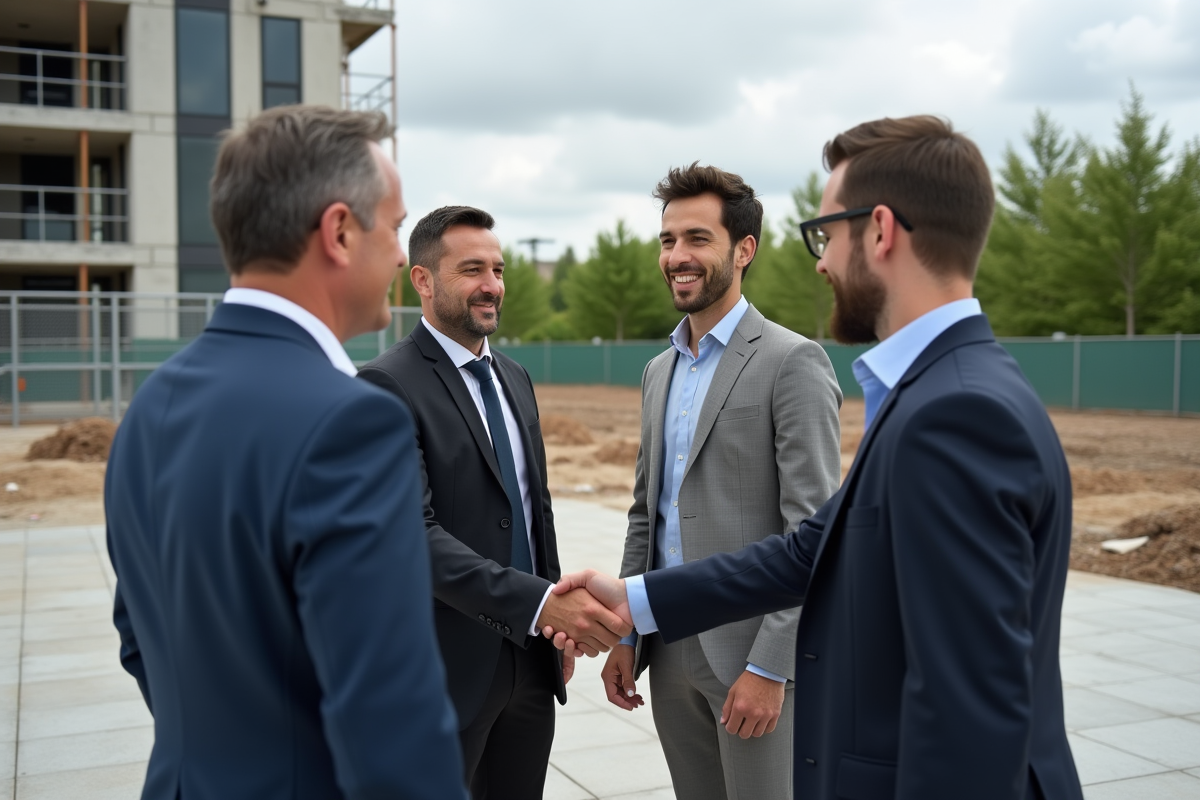 Professionnels en discussion sur un site de construction