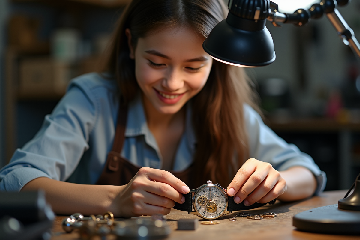 Jeune femme souriante réparant une montre mécanique avec précision