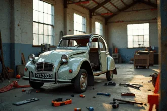 Voiture 2CV en restauration dans un atelier lumineux